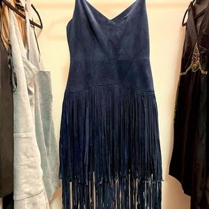 BCBGMAXAZARIA NAVY BLUE size 0 fringe dress. Suede-like material.